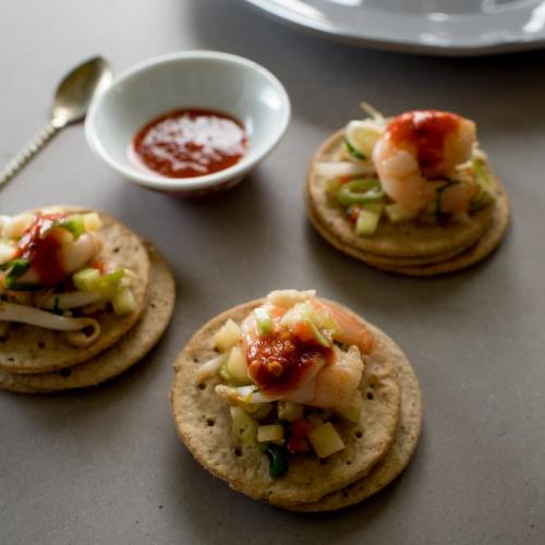 Asian spice prawns topped with kimchi. 