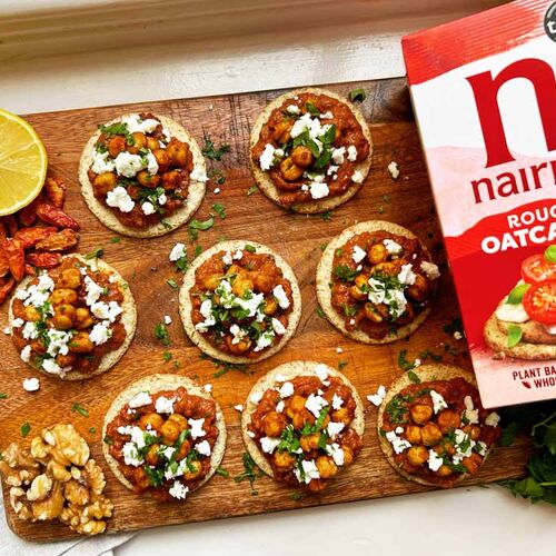 Muhammara Oatcakes with Crispy Chickpeas & Feta